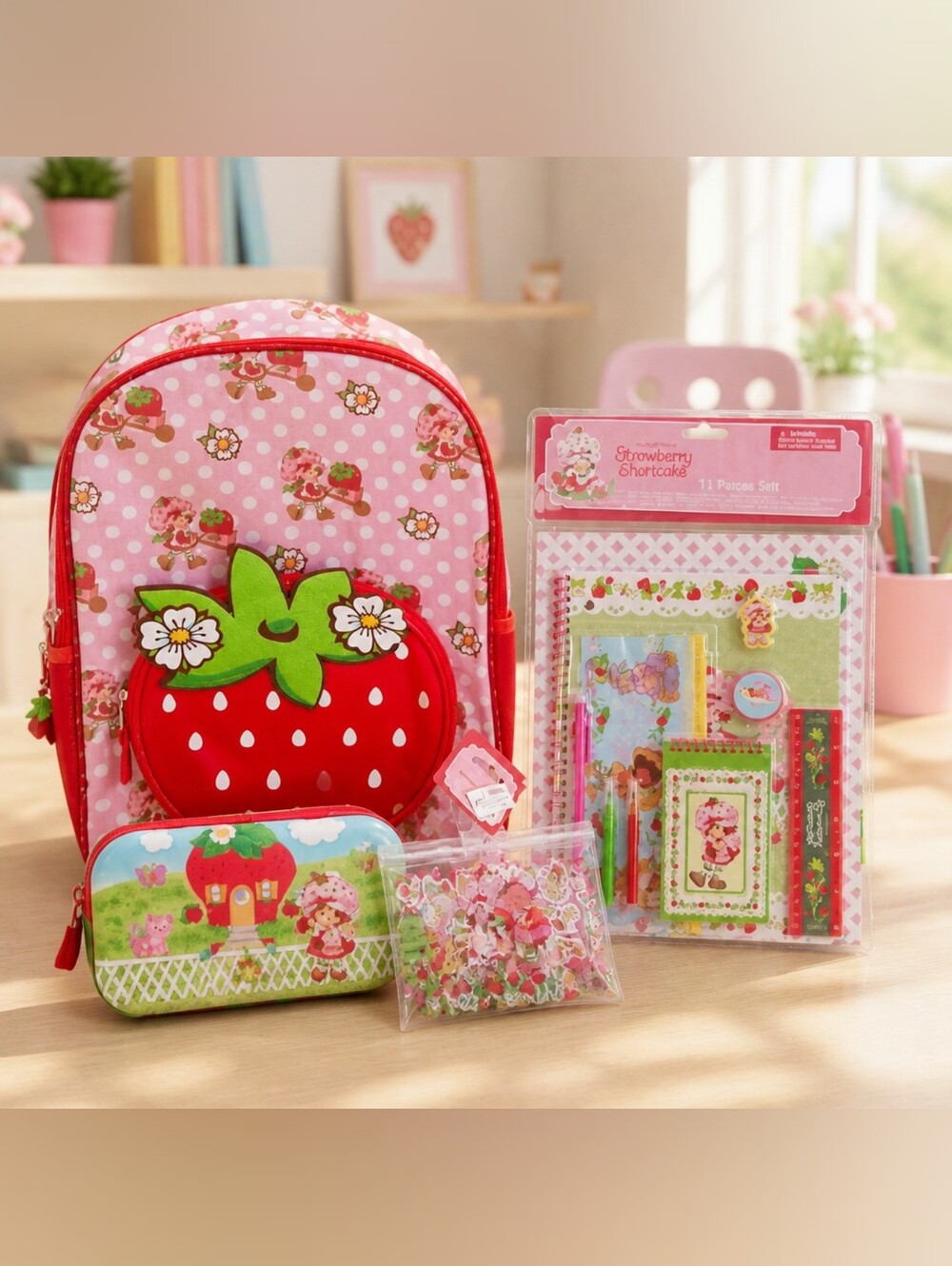 Strawberry Shortcake School Bundle Backpack Pencil Case & Accessories NWT ๐โจ - Picture 3 of 8